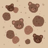 Fondo kawaii de galletas de chocolate y cabezas de oso. lindo patrón cuadrado dibujado a mano. galletas kuma kawaii con migas. textura de fondo para impresión, textil, papel de abrigo. vector eps 10