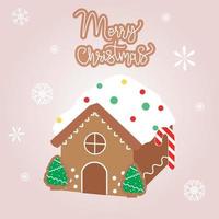 Ilustración de la casa de pan de jengibre con árboles de navidad y dulces y copos de nieve vector