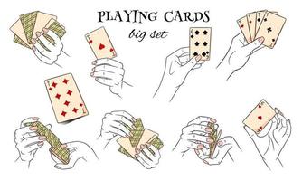 Gambling. Playing cards in hand. Casino, fortune, luck. Big set. Cartoon style. vector