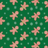 Seamless pattern of gingerbread man with snowflakes on green background vector