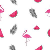 Seamless Pattern Background with Watermelon, Flamingo and Palm Leaf. Vector Illustration