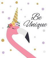 Colorful Cartoon Pink Flamingo on beautiful background postcard with the inscription Be Unique. Vector Illustration