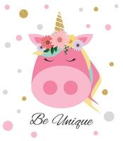 Colorful postcard With colorful pig with the inscription Be Unique. Vector Illustration