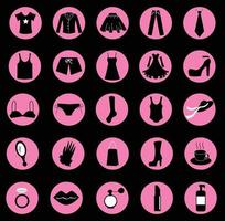 conjunto de elementos de ropa y accesorios de compras de mujer. iconos de vector negro plano aislado