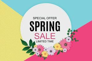 Spring Sale Cute Background with Colorful Flower Elements. Vector Illustration