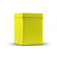 Maqueta de embalaje de lata cuadrada amarilla para su proyecto de diseño: maqueta de ilustración 3d aislada sobre fondo blanco. foto