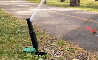 Lawn irrigation system working in a green park. Spraying the lawn with water in hot weather. Automatic sprinkler. The automatic watering sprinkler head watering the lawn. Smart garden. photo