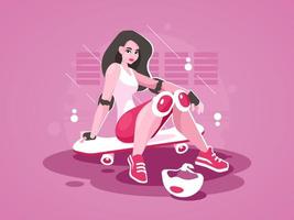 Young woman in sports outfit sitting on a skateboard. Vector graphics