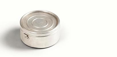 Top view of food metal canned isolated on white background . added copy space for text. photo