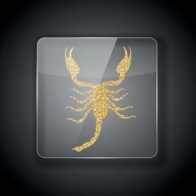 Glass Frame on dark Background with bright golden silhouette of scorpion. Vector Illustration