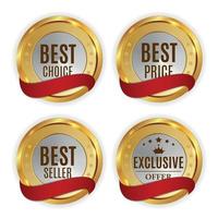 Best Price, Seller, Choice and Exclusive offer Golden Shiny Label with Red Ribbon Sign Collection Set. Vector Illustration