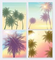 pancartas o carteles de palma natural de verano, plantilla de volante. fondo con palmeras, hojas, mar, nubes, cielo, colores de la playa. ilustración vectorial vector