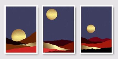 Mountains and golden moon, background with grunge texture vector