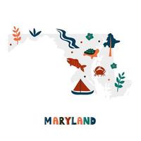 colección de mapas de Estados Unidos. Símbolos estatales en la silueta del estado gris - Maryland vector