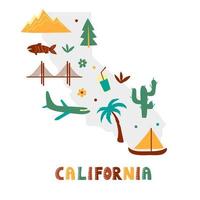 USA map collection. State symbols on gray state silhouette - California vector