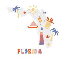 colección de mapas de Estados Unidos. Símbolos estatales en la silueta del estado gris - Florida vector