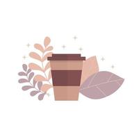 Brown coffee cup with leaves, beige decor, flat design vector