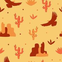 Flying eagle, mountains and cacti in the desert. Seamless pattern vector