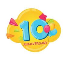 Cute Cartoon  Template Logo 10 Years Anniversary Vector Illustration