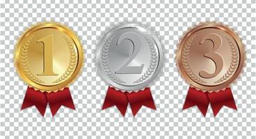 Champion Gold, Silver and Bronze Medal with Red Ribbon Icon Sign First, Secondand Third Place Collection Set Isolated on Transparent Background. Vector Illustration