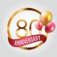 Template Gold Logo 80 Years Anniversary with Ribbon and Balloons Vector Illustration