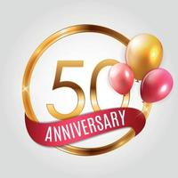 Template Gold Logo 50 Years Anniversary with Ribbon and Balloons Vector Illustration