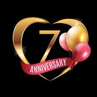 Template Gold Logo 7 Years Anniversary with Ribbon and Balloons Vector Illustration