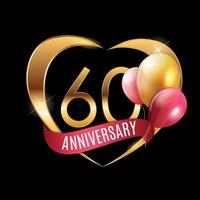 Template Gold Logo 60 Years Anniversary with Ribbon and Balloons Vector Illustration