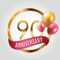 Template Gold Logo 90 Years Anniversary with Ribbon and Balloons Vector Illustration