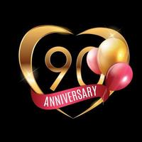 Template Gold Logo 90 Years Anniversary with Ribbon and Balloons Vector Illustration