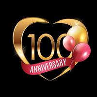 Template Gold Logo 100 Years Anniversary with Ribbon and Balloons Vector Illustration