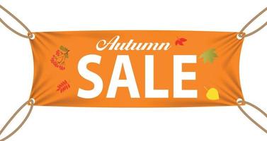 Textile banners with Autumn Sale Text Suspended by Ropes by all Four Corners. Vector Illustration
