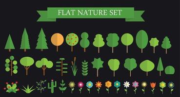 Paper Trendy Flat Trees and Flowers Set Vector Illustration