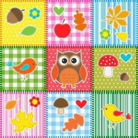 Autumn background with leaves,acorns,birds and owl