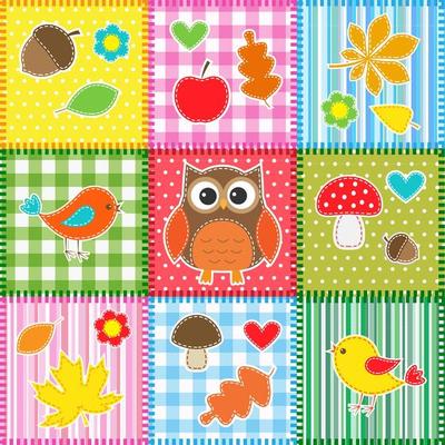 Autumn background with leaves,acorns,birds and owl