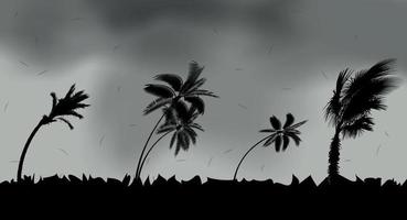 Palm trees during storm and hurricane. Leaves fly across the sky from a storm. Vector Illustration