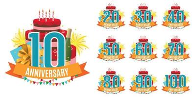 Template from 10 to 100 Years Anniversary Congratulations, Greeting Card Collection Set with Cake, Gift Box, Fireworks and Ribbon Invitation Vector Illustration