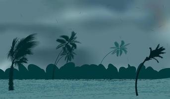 Palm trees during storm and hurricane. Leaves fly across the sky of the city from storm. Vector Illustration
