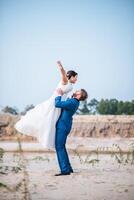 Asian bride and Caucasian groom have romance time and happy together photo