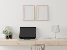 la sala de trabajo está decorada con muebles con marcos de cuadros en la pared. foto