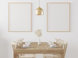 The dining table set in the room has a picture frame attached to the wall. photo