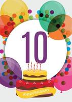 Template 10 Years Anniversary Congratulations, Greeting Card with Cake, Invitation Vector Illustration