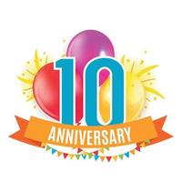 Template 10 Years Anniversary Congratulations, Greeting Card with Balloons Invitation Vector Illustration