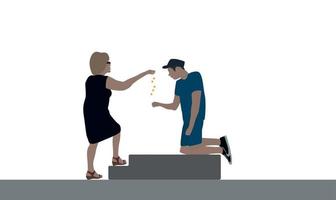 A good woman delivers a disabled beggar for food. Vector Illustration.