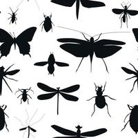 Silhouettes Set of Beetles, Dragonflies and Butterflies Seamless Pattern Background Vector Illustration