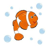 Cute clown fish isolated on white background. Children's vector illustration of fish and sea inhabitants. Design of children's books, clothing, coloring, textiles, toys. Cartoon character