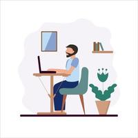 A man with a beard sits at home and works on a computer. Vector illustration in flat style. The concept of freelancing, online learning, and working at home. Isolation and coronovirus.