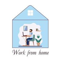 A man with a beard is sitting at home in home clothes and working on a laptop. Stylized vector illustration. The concept of freelancing, online training. Quarantine and self-isolation.