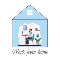 A man with a beard is sitting at home in home clothes and working on a laptop. Stylized vector illustration. The concept of freelancing, online training. Quarantine and self-isolation.