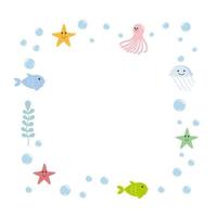 Vector square frame with sea life and sea waves. World ocean day. Children's cartoon illustration for design of postcards, stickers, books, albums, logos and children's clothing.